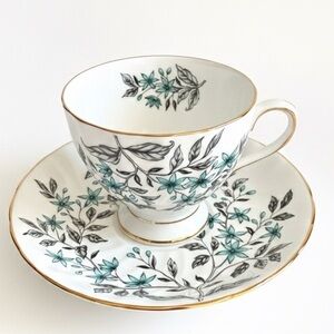 Tuscan England Bone China Footed Teacup Saucer Teal Floral Gold Trim Vtg 1950s
